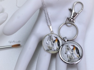 Eisbär und Pinguin: aus zwei Welten Originalaquarelle in Echt 925 Sterling Silber oder Edelstahl