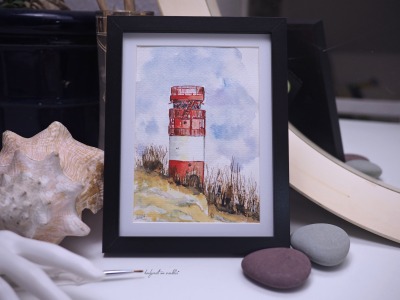 Leuchtturm Helgoland Düne Illustration handgemalt, gerahmt - kl exklusiv nur hier, innerhalb