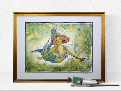 Mermaid Babsi Illustration, gerahmte aufwändige Originalarbeit, Mixed Media Aquarell, Fineliner -