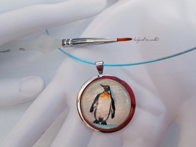 handgemalt Aquarell Pinguin eingearbeitet in Anhänger Edelstahl oder Echt 925 Sterling Silber Halskette