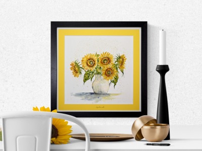 Sonnenblumen, Aquarell gerahmtes handgemalte Original, Einzelstück, Rahmenfarbe wählbar schwarz