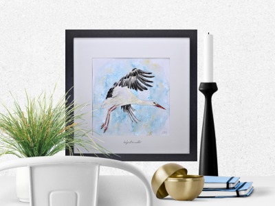 Storch Edgar, Aquarell gerahmtes handgemalte Original, Tierbild, Einzelstück, Rahmenfarbe wählbar