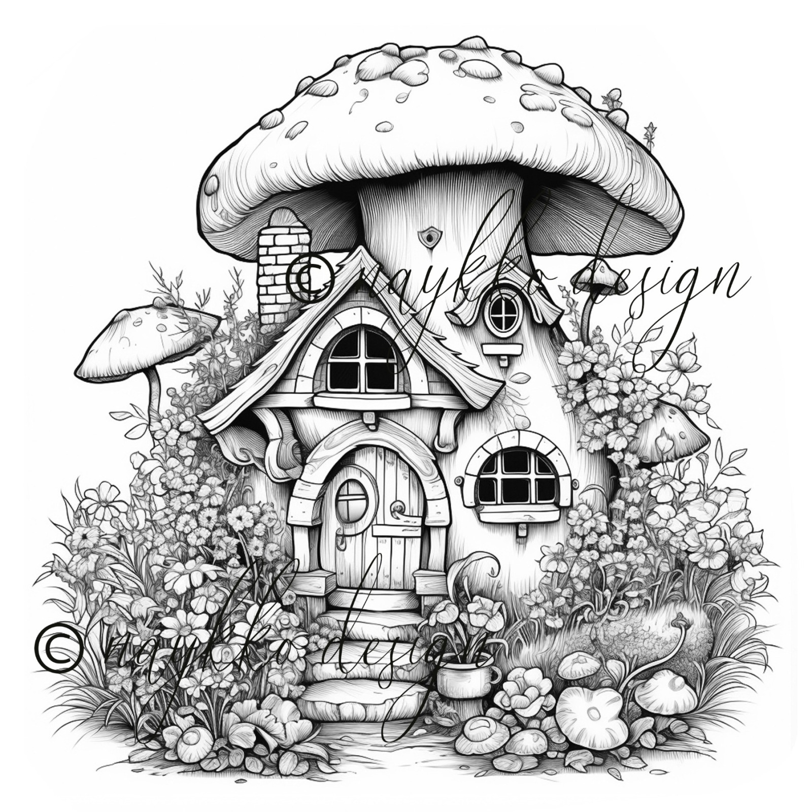 Ausmalbild kleinse Elfenhaus, zum Download und selbst ausdrucken 2