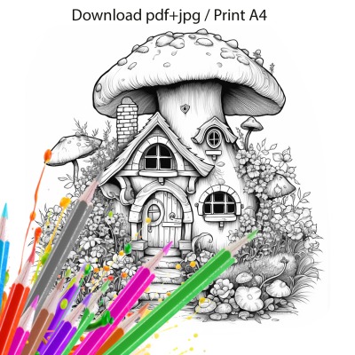 Ausmalbild kleinse Elfenhaus, zum Download und selbst ausdrucken