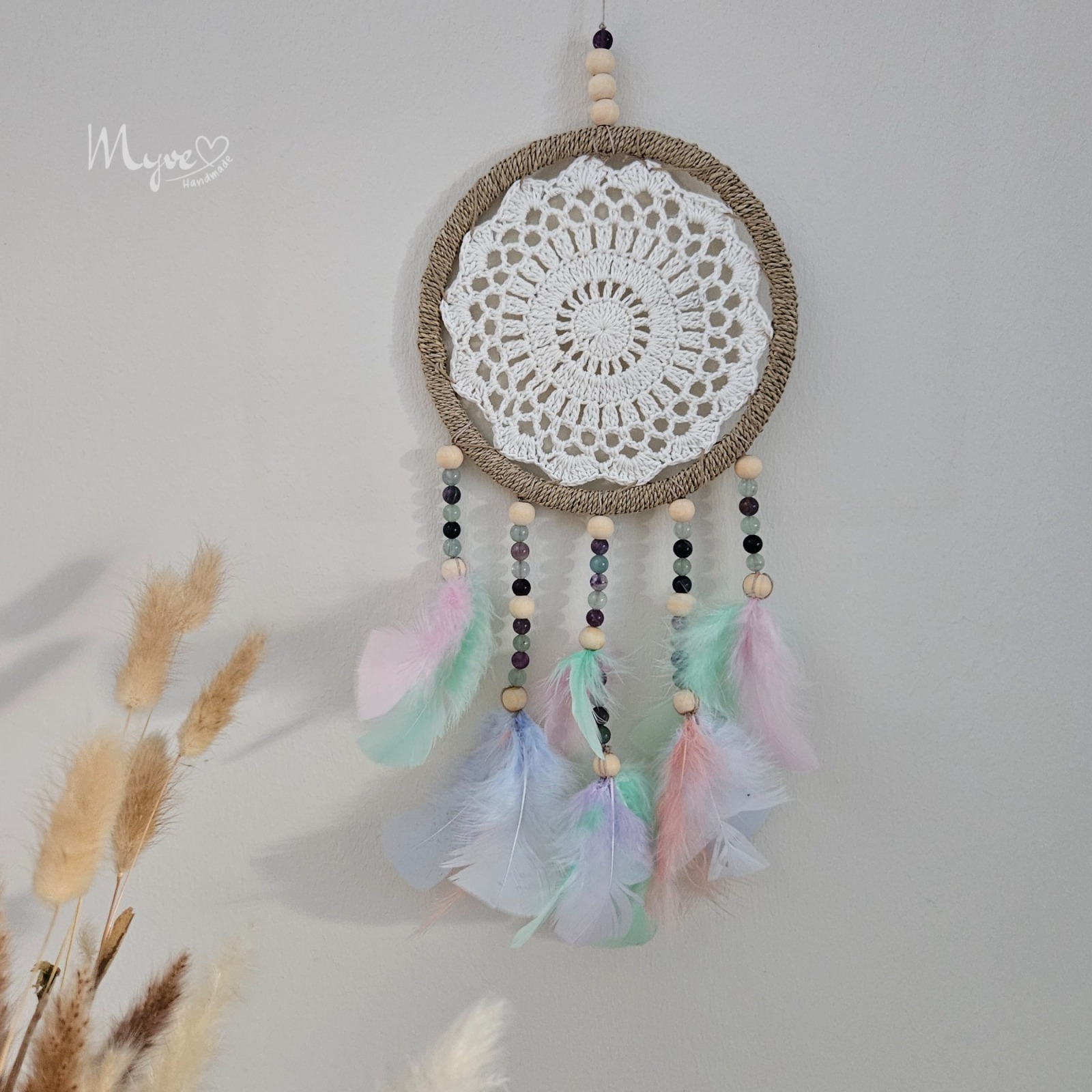 Fluorit Traumfänger, Wanddekoration im Boho Stil, Wandbehang, Dreamcatcher, Wanddesign, Wandkunst,