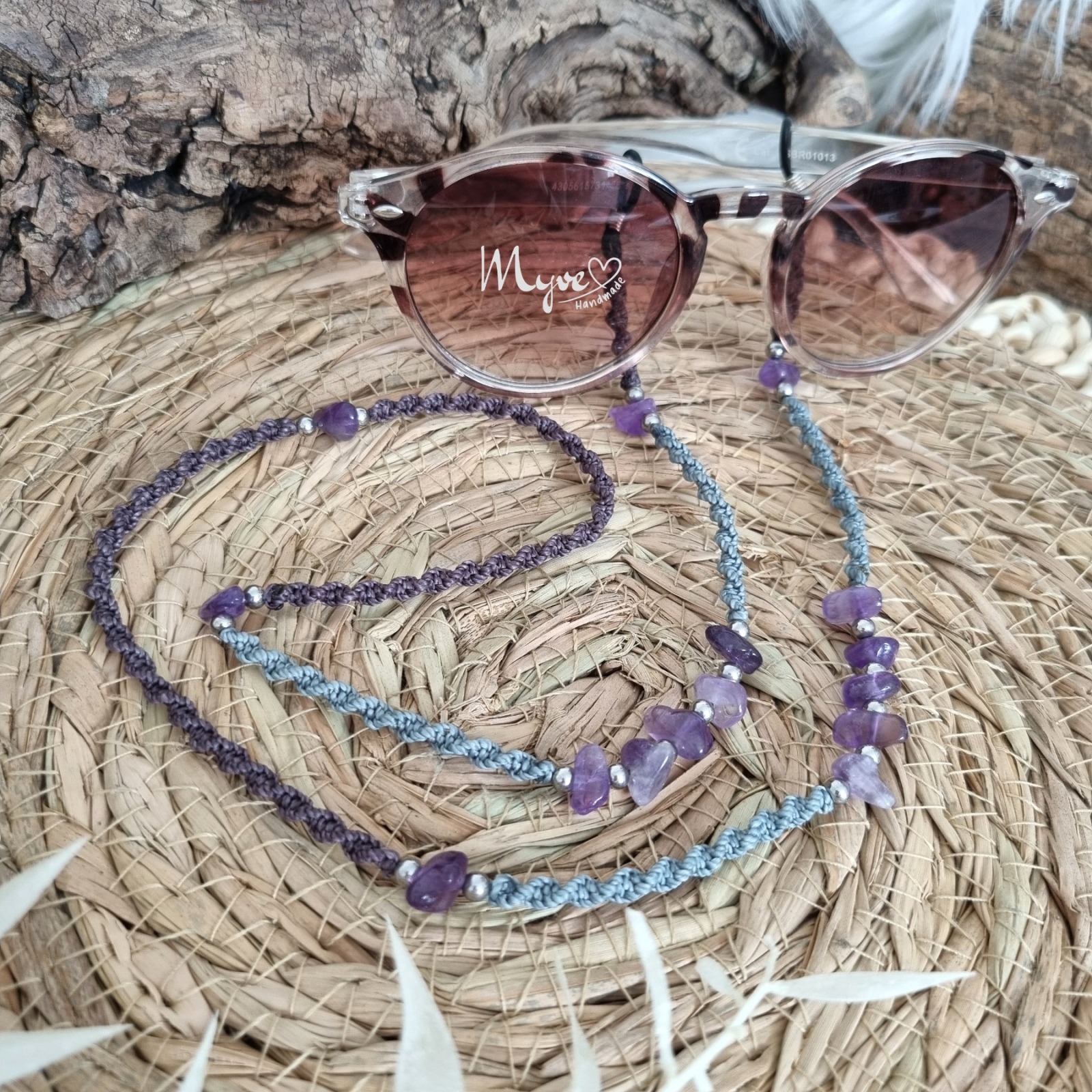 Amethyst Brillenkette, Schmuck Accessoires, Spiritueller Schmuck im Boho Stil, Makramee