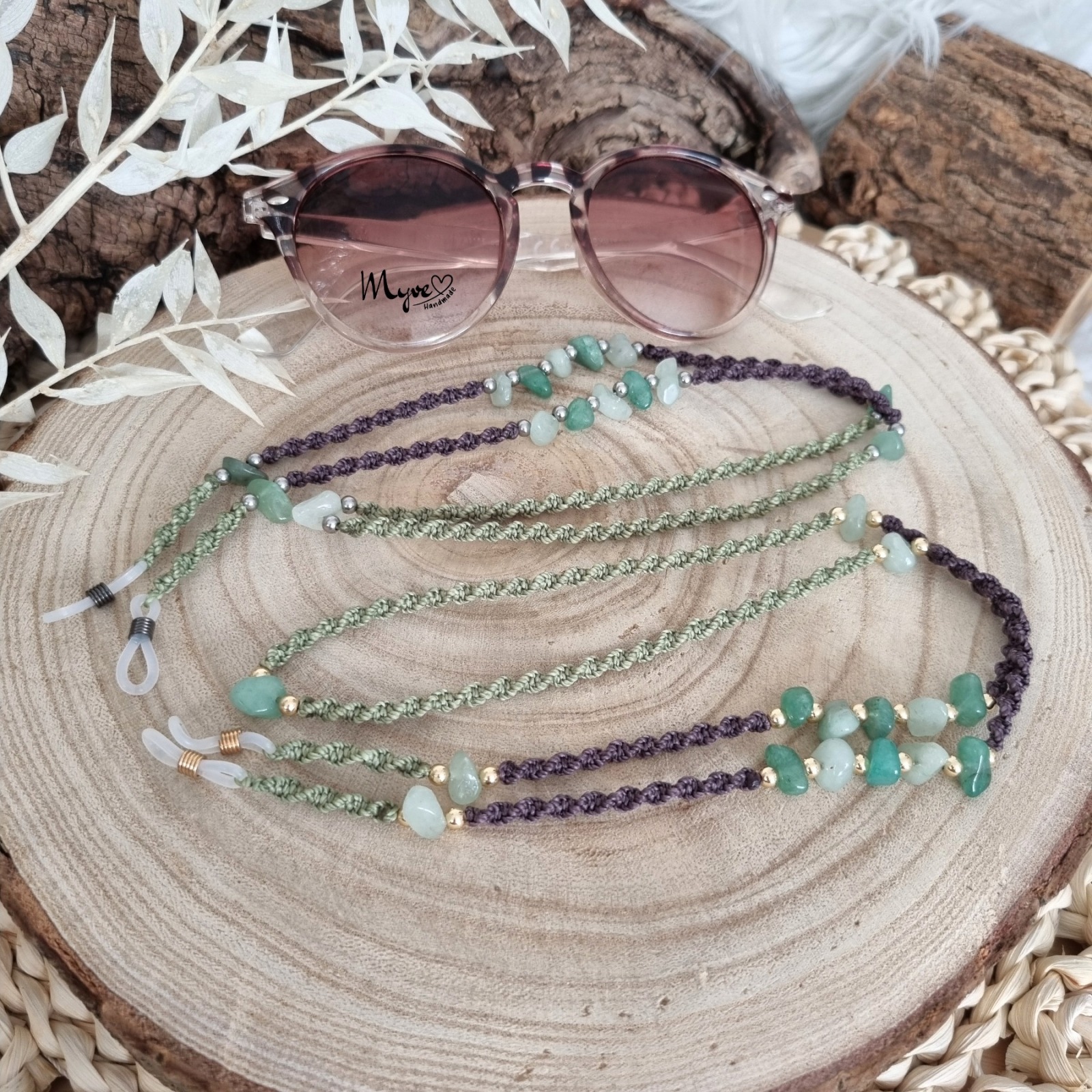 Aventurin Brillenkette, Schmuck Accessoires, Spiritueller Schmuck im Boho Stil, Makramee