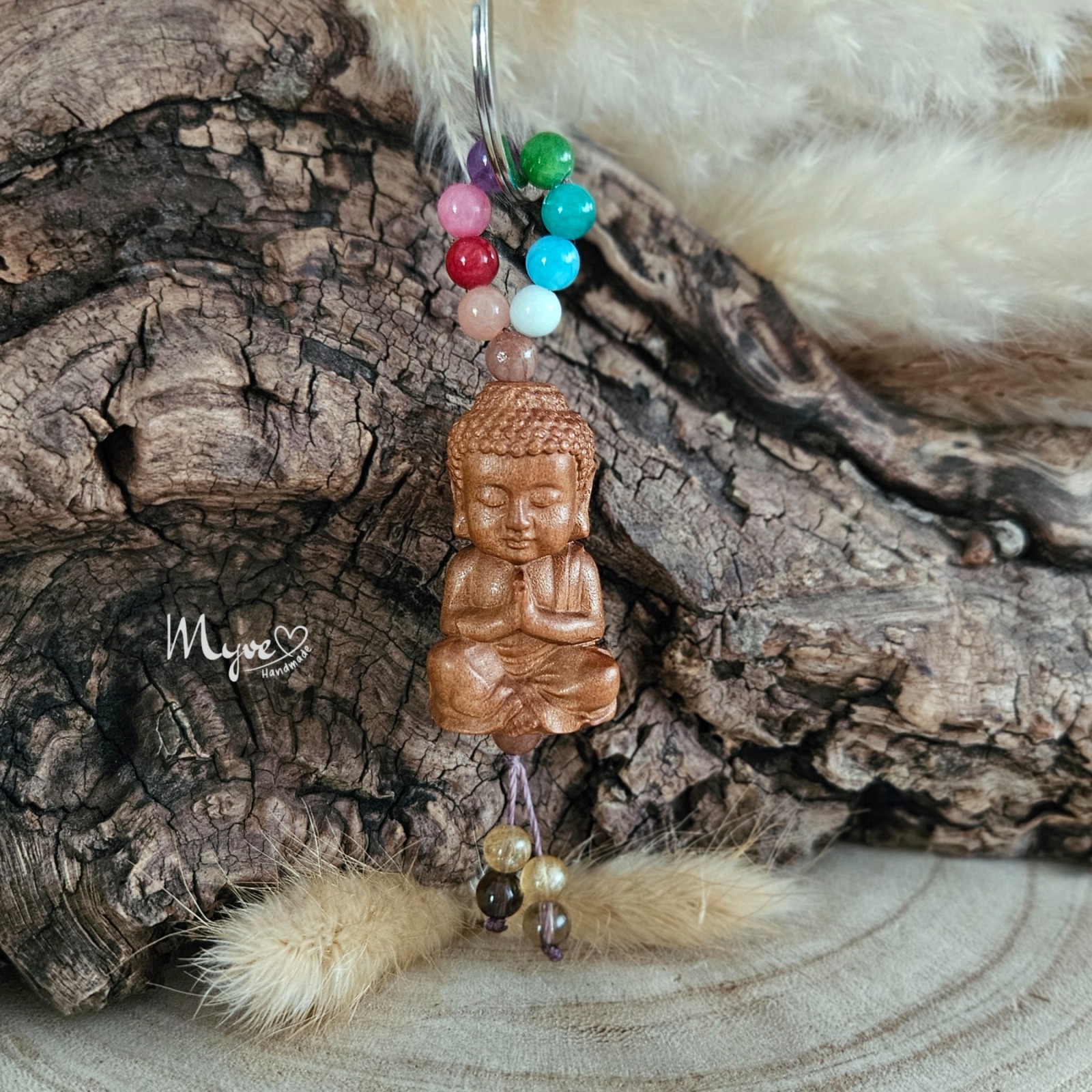 Buddha Schlüsselanhänger mit Edelsteinperlen, spirituelle Geschenke, Holzschlüsselangänger,