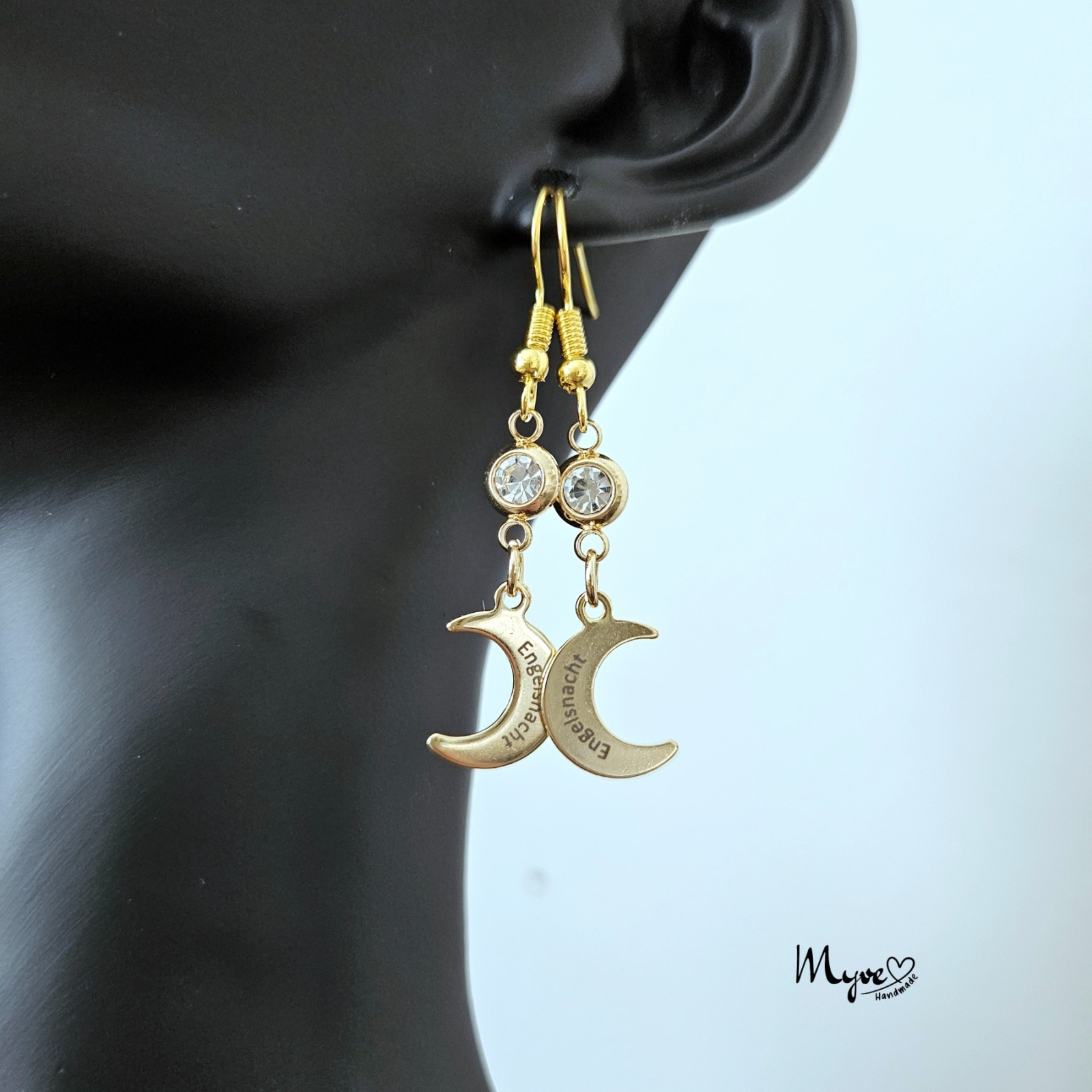 Goldene Mond Ohrringe mit Gravur, Edelstahlschmuck, spirituelle Geschenke, Partnerschmuck,