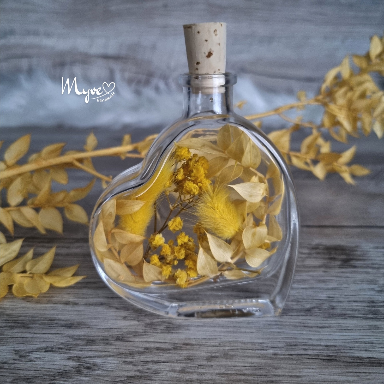 Flower Bottle Herz klein mit Wunschnamen und Individualisierung, Trockenblumen in der Flasche,