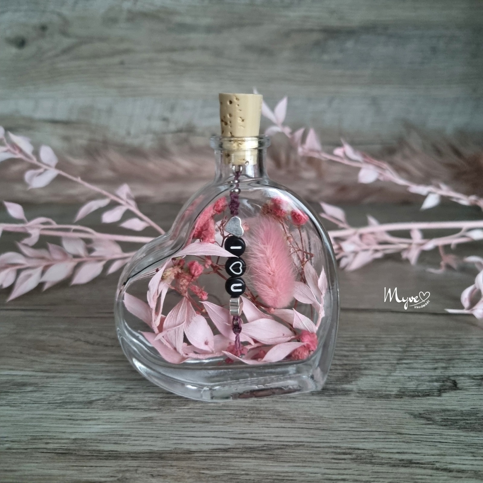 Flower Bottle Herz klein mit Wunschnamen und Individualisierung, Trockenblumen in der Flasche,