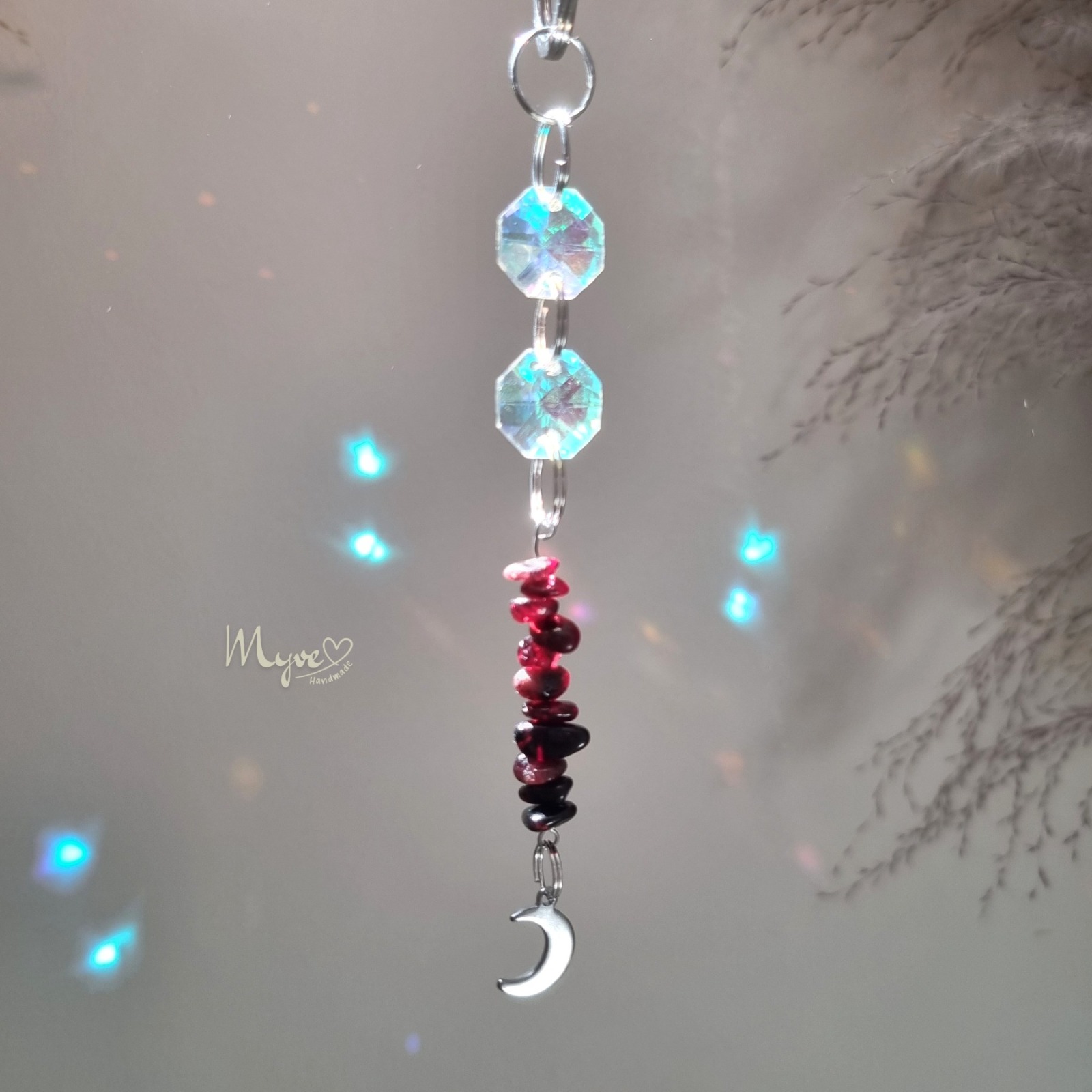 Silberner mini Sonnenfänger mit Mond und Edelsteinen, Glaskristall Suncatcher, Kristallprismen Hän