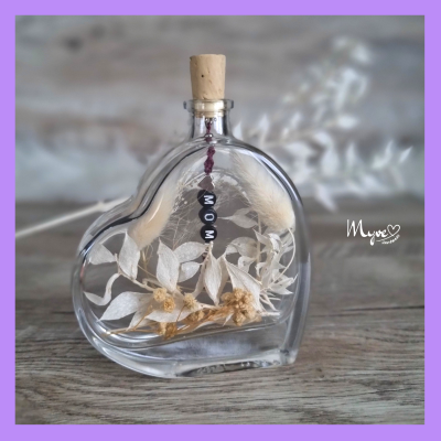 Flower Bottle Herz midi mit Wunschnamen und Individualisierung, Trockenblumen in der Flasche,
