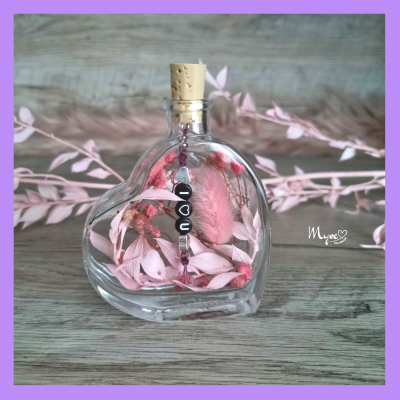 Flower Bottle Herz klein mit Wunschnamen und Individualisierung, Trockenblumen in der Flasche,