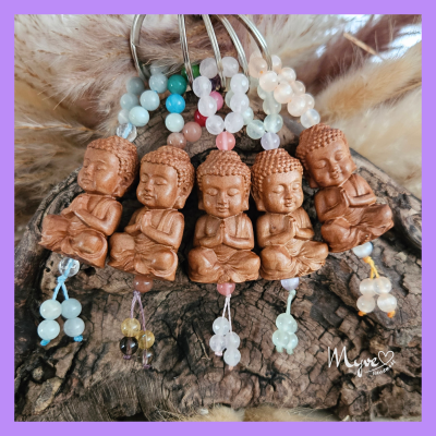 Buddha Schlüsselanhänger mit Edelsteinperlen, spirituelle Geschenke, Holzschlüsselangänger,