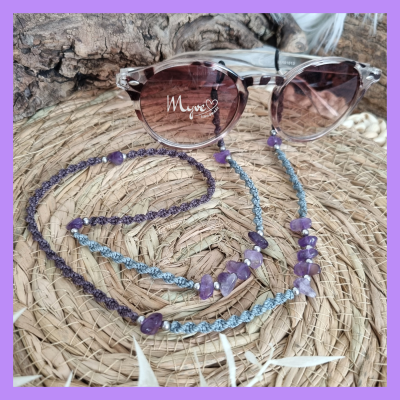 Amethyst Brillenkette, Schmuck Accessoires, Spiritueller Schmuck im Boho Stil, Makramee