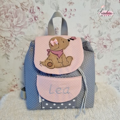 Kindergartenrucksack Hund grau/rosa - Kindergartenrucksack bestickt und auf Wunsch personalisierbar