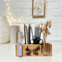 personalisierter Stiftehalter aus Eiche, Büro, Schreibtisch Organizer, Homeoffice, Vase für