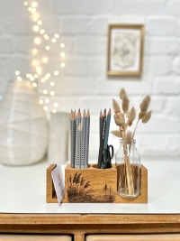 personalisierter Stiftehalter aus Eiche, Büro, Schreibtisch Organizer, Homeoffice, Vase für