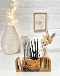 personalisierter Stiftehalter aus Eiche, Büro, Schreibtisch Organizer, Homeoffice, Vase für