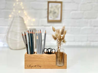 personalisierter Stiftehalter aus Eiche, Büro, Schreibtisch Organizer, Homeoffice, Vase für