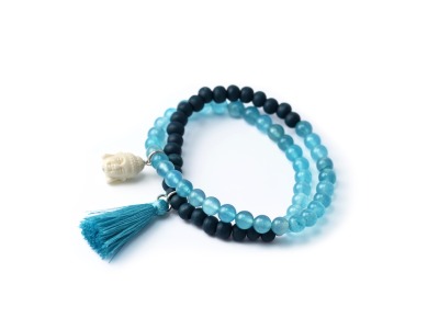 DEEP BLUE - Zweireihiges elastisches Edelstein-Armband azurfarbene Jade dunkelblaue Holzperlen blautürkise Seidenquaste Buddhakopf Sterlingsilber