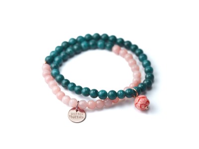 BETTER TOGETHER - Zweireihiges elastisches Edelstein-Armband mit petrolfarbener Jade rosa Achat