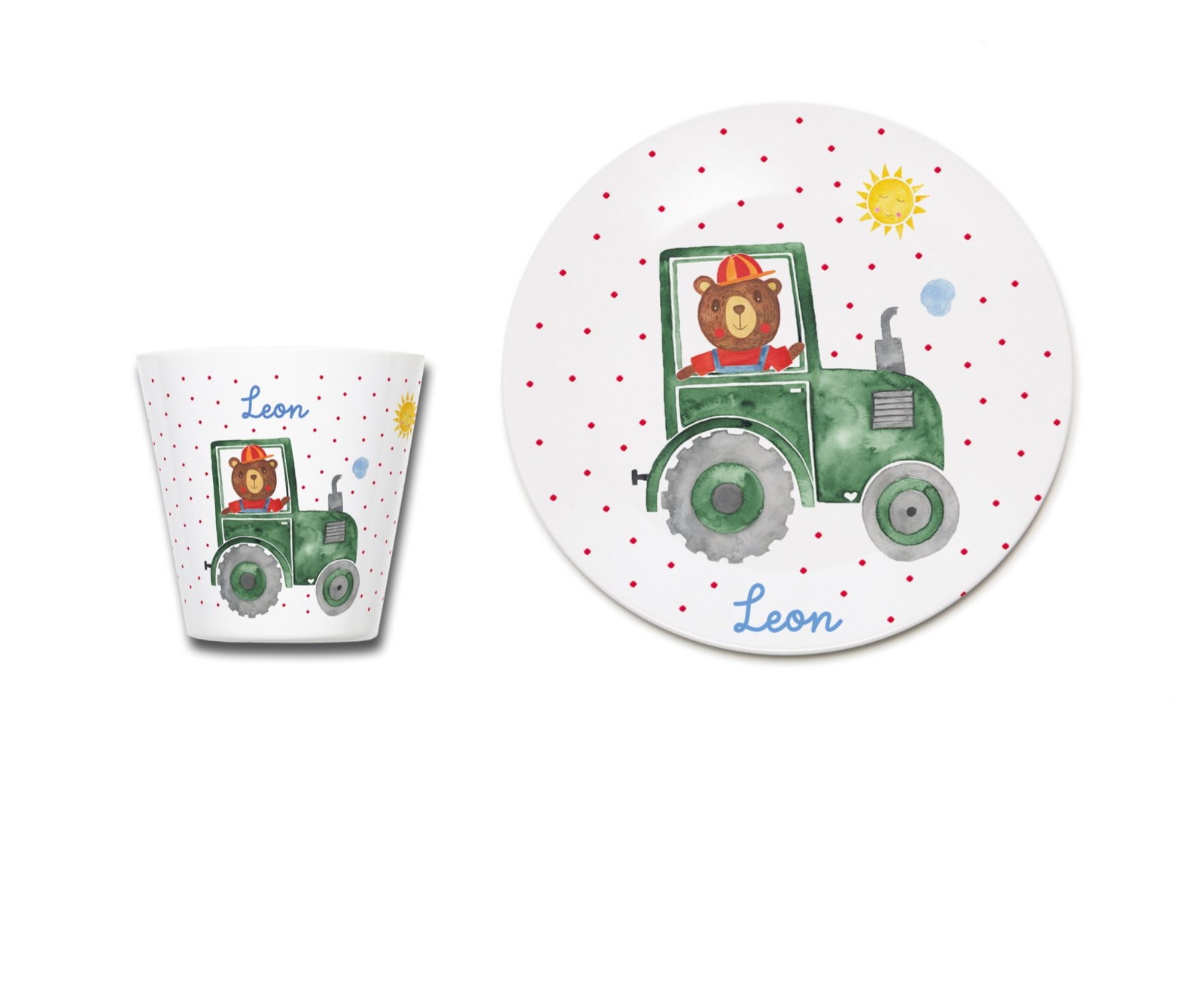 Kindergeschirr personalisiert, Kindergeschirr Bär auf dem Traktor mit Namen, Geschenk zur Geburt,