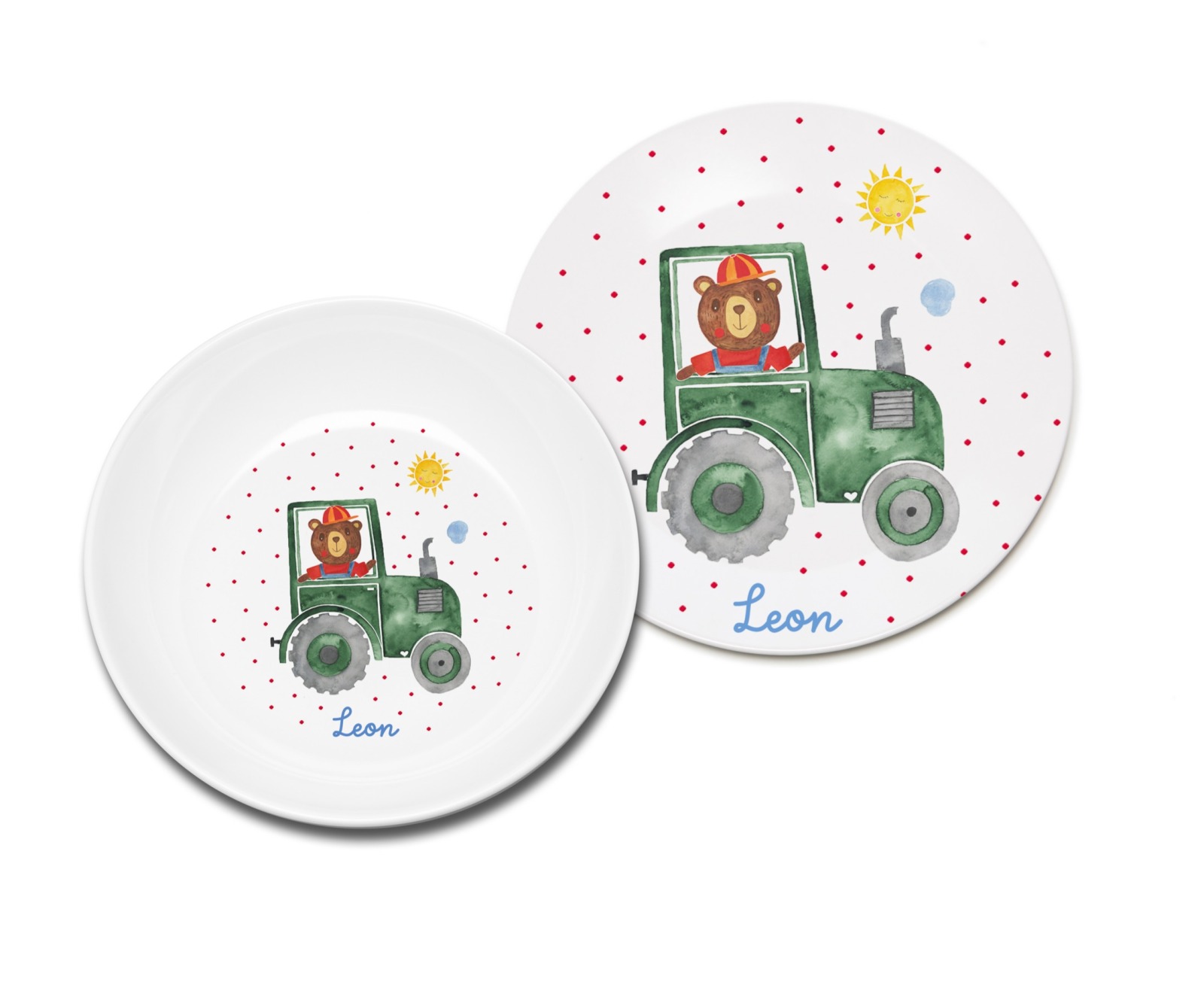 Kindergeschirr personalisiert, Kindergeschirr Bär auf dem Traktor mit Namen, Geschenk zur Geburt,