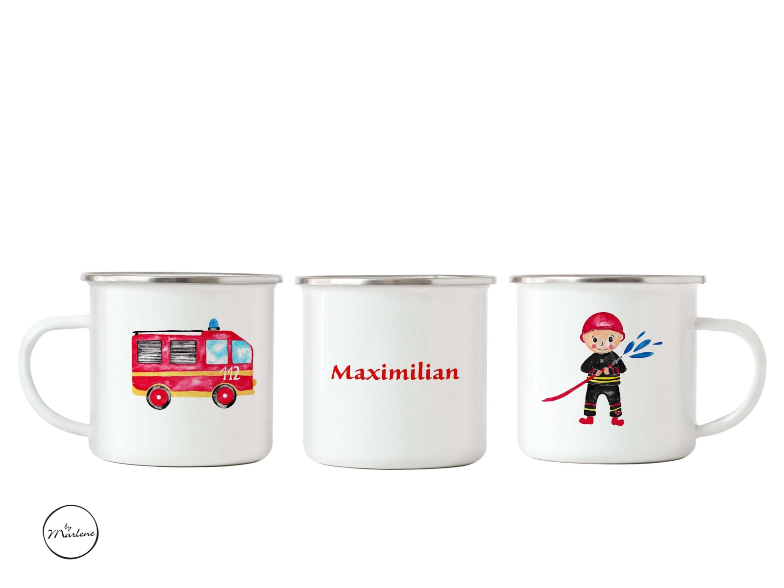 Emaille Tasse für Kinder Feuerwehr mit Namen Keramiktasse Kinderbecher mit Namen Tasse für Jungen