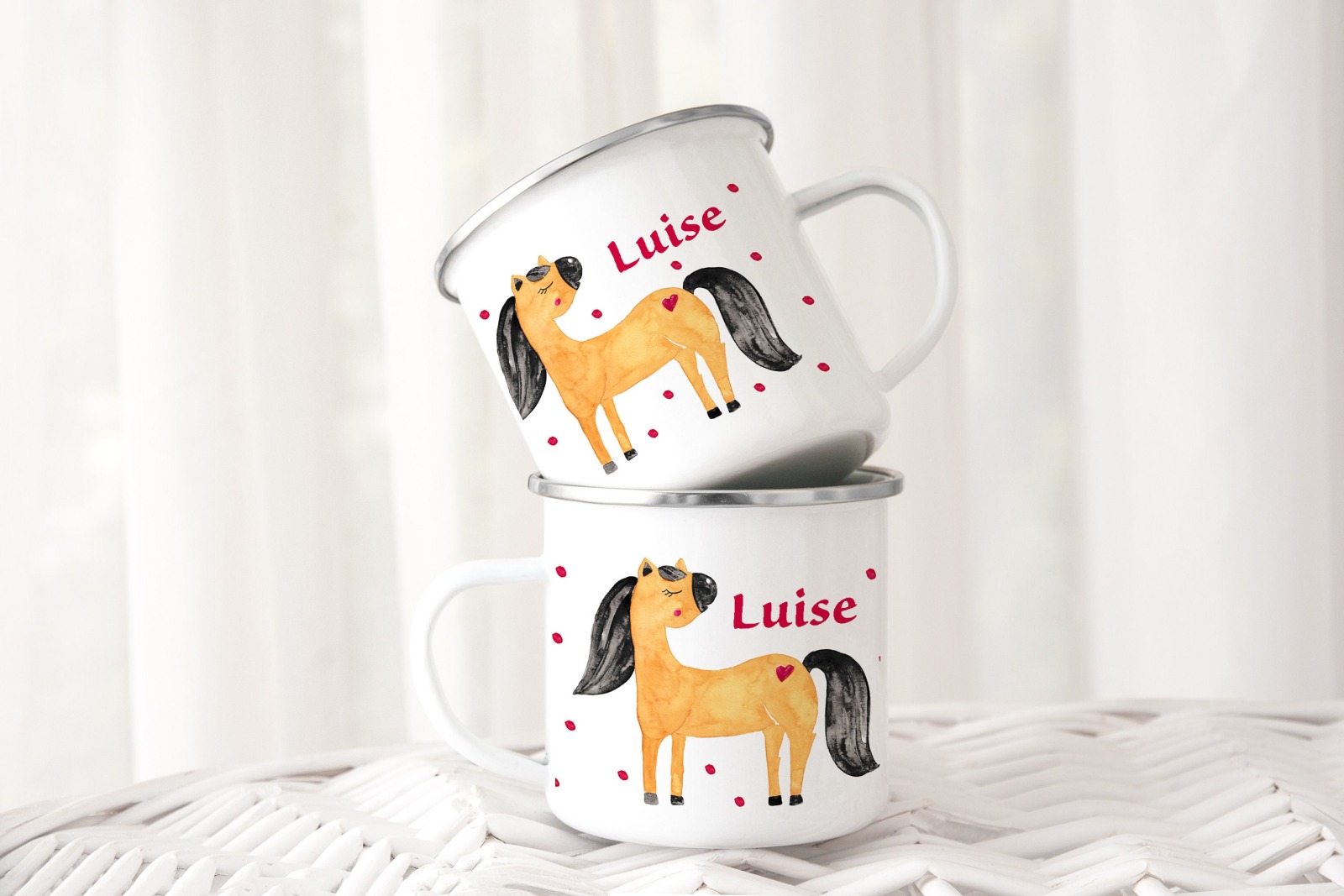 Emaille Tasse mit Namen, Tasse für Kinder, Emaillebecher Pferd, Trinkbecher Kinder personalisiert