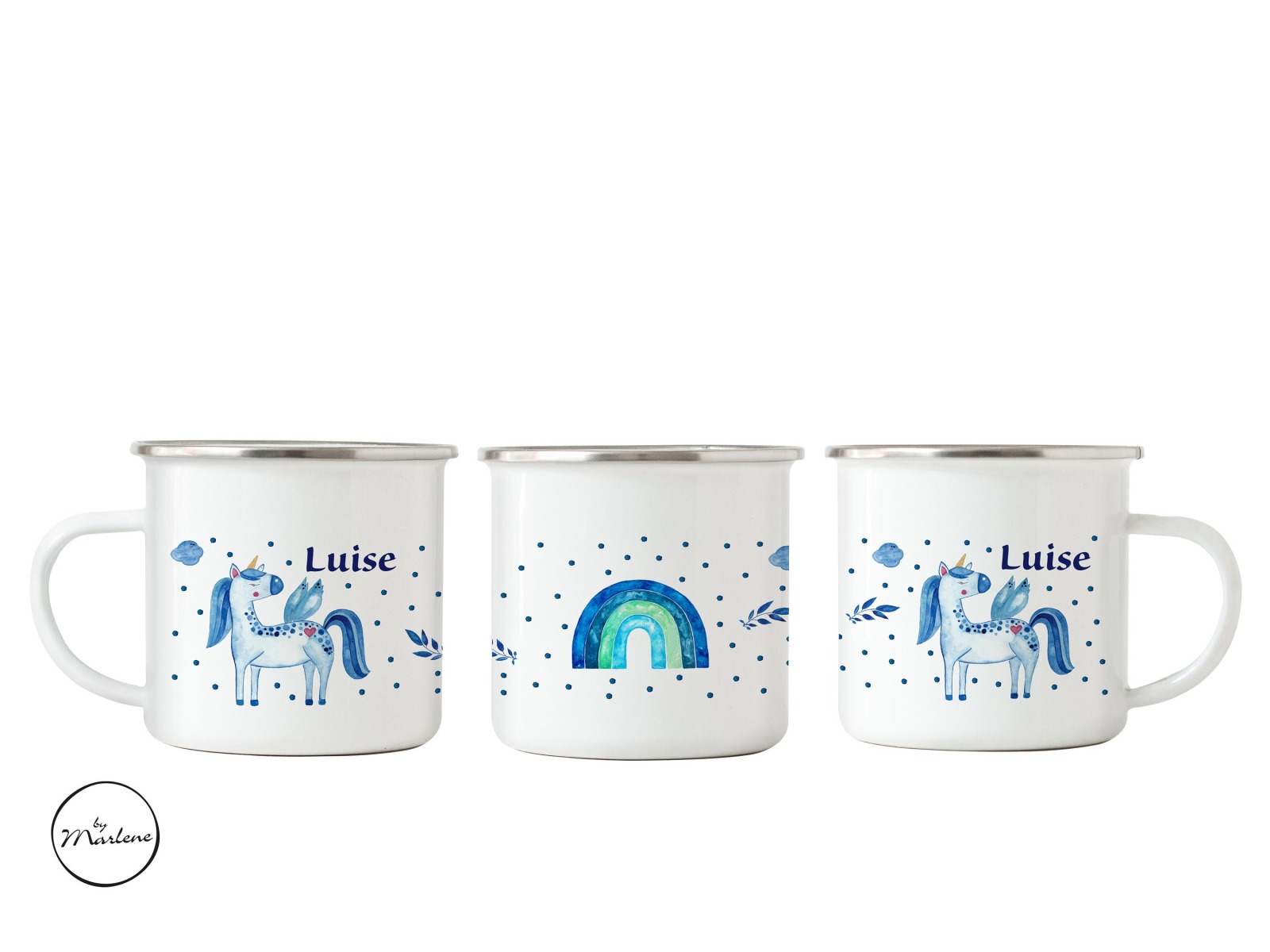 Emaille Tasse mit Namen, Tasse für Kinder, Keramiktasse Einhorn, Trinkbecher Kinder personalisiert