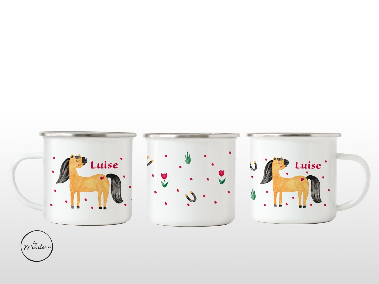 Emaille Tasse mit Namen Tasse für Kinder Emaillebecher Pferd Trinkbecher Kinder personalisiert