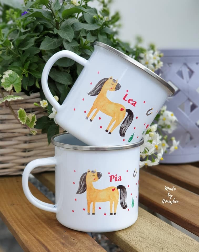 Emaille Tasse mit Namen Tasse für Kinder Emaillebecher Pferd Trinkbecher Kinder personalisiert