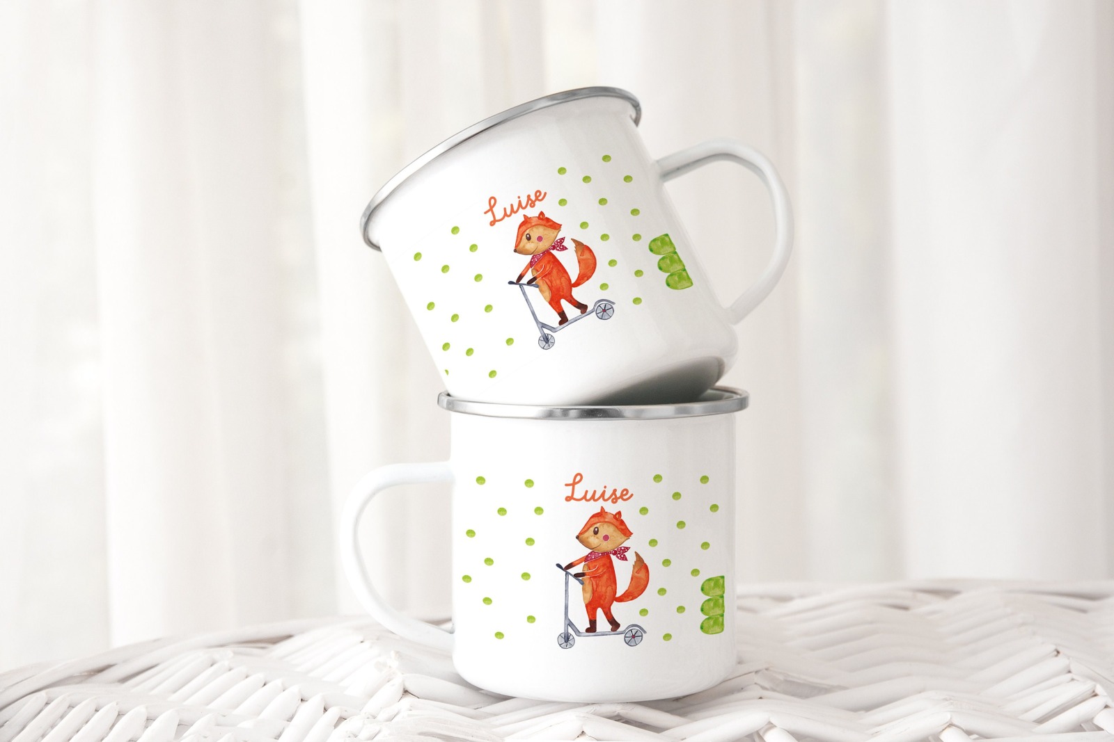 Emaille Tasse mit Namen Tasse für Kinder Emaillebecher Fuchs Roller Trinkbecher Kinder
