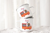 Emaille Tasse für Kinder Feuerwehr und Bär mit Namen Keramiktasse Kinderbecher mit Namen, Tasse