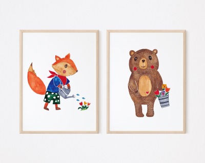 Kinderzimmer Poster Set Fuchs und Bär im Garten