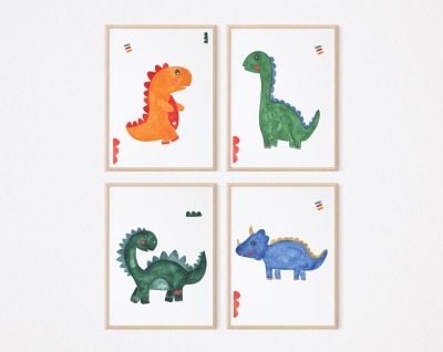 4 er Set Kinderzimmer Poster Dinosaurier