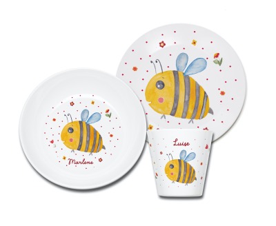 Kindergeschirr personalisiert, Kindergeschirr Biene mit Namen, Geschenk zur Geburt, Geschenk zur Tau