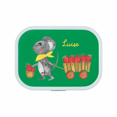 Brotdose für Kinder mit Namen Maus mit Erdbeeren - personalisierte Lunchbox für Kinder