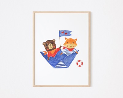 Kinderzimmer Poster Fuchs und Bär im Boot