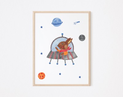 Kinderzimmer Poster Hase im Ufo