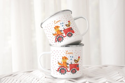 Emailletasse Fuchs auf dem Traktor Kindertasse mit Namen Keramiktasse Kinderbecher mit Namen