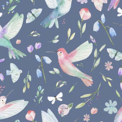 Vorbestellung - Jersey o. French Terry / 24,00 EUR/m - Eigenproduktion - Kolibris mit Blumen