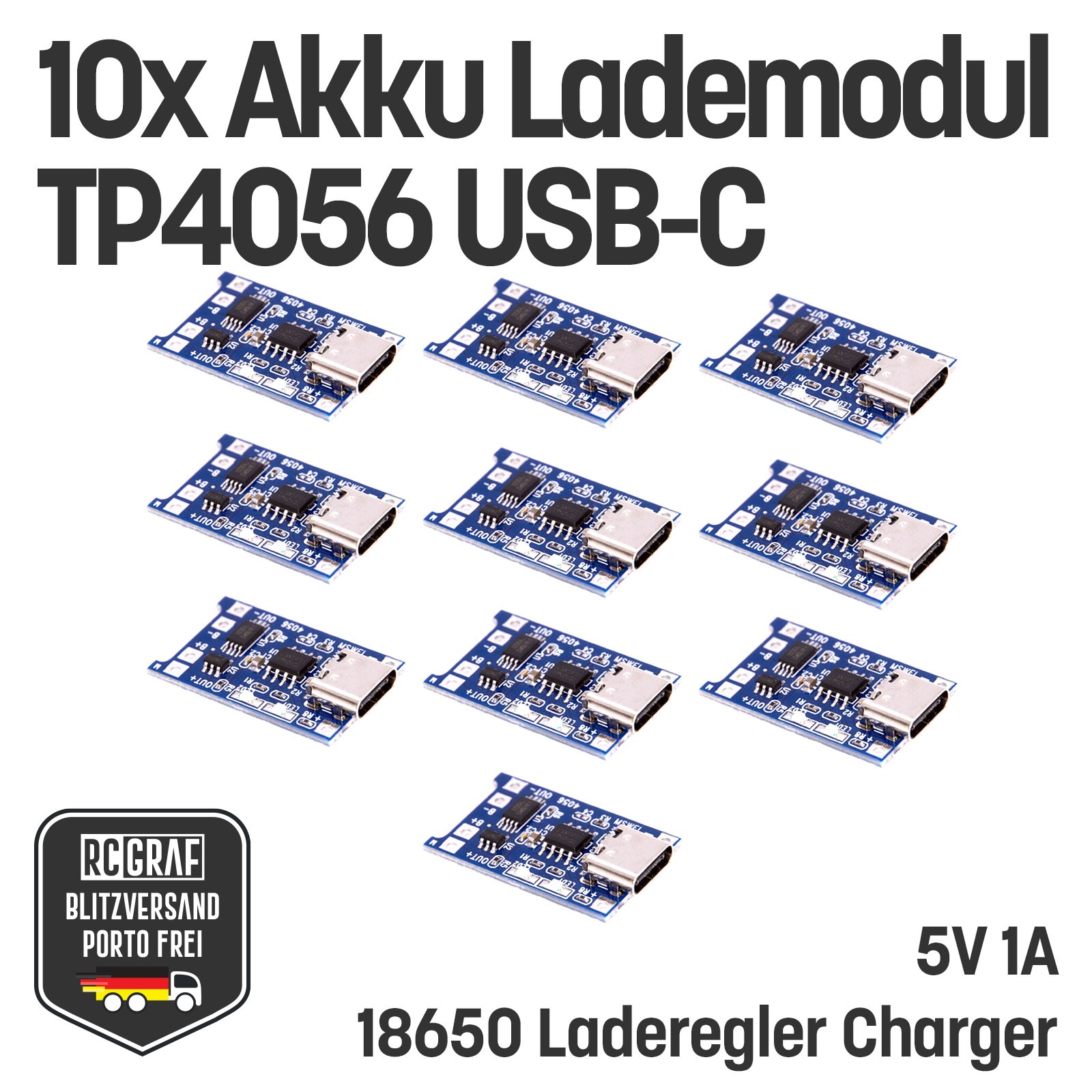 10x Akku Lademodul 5V 1A TP4056 USB C