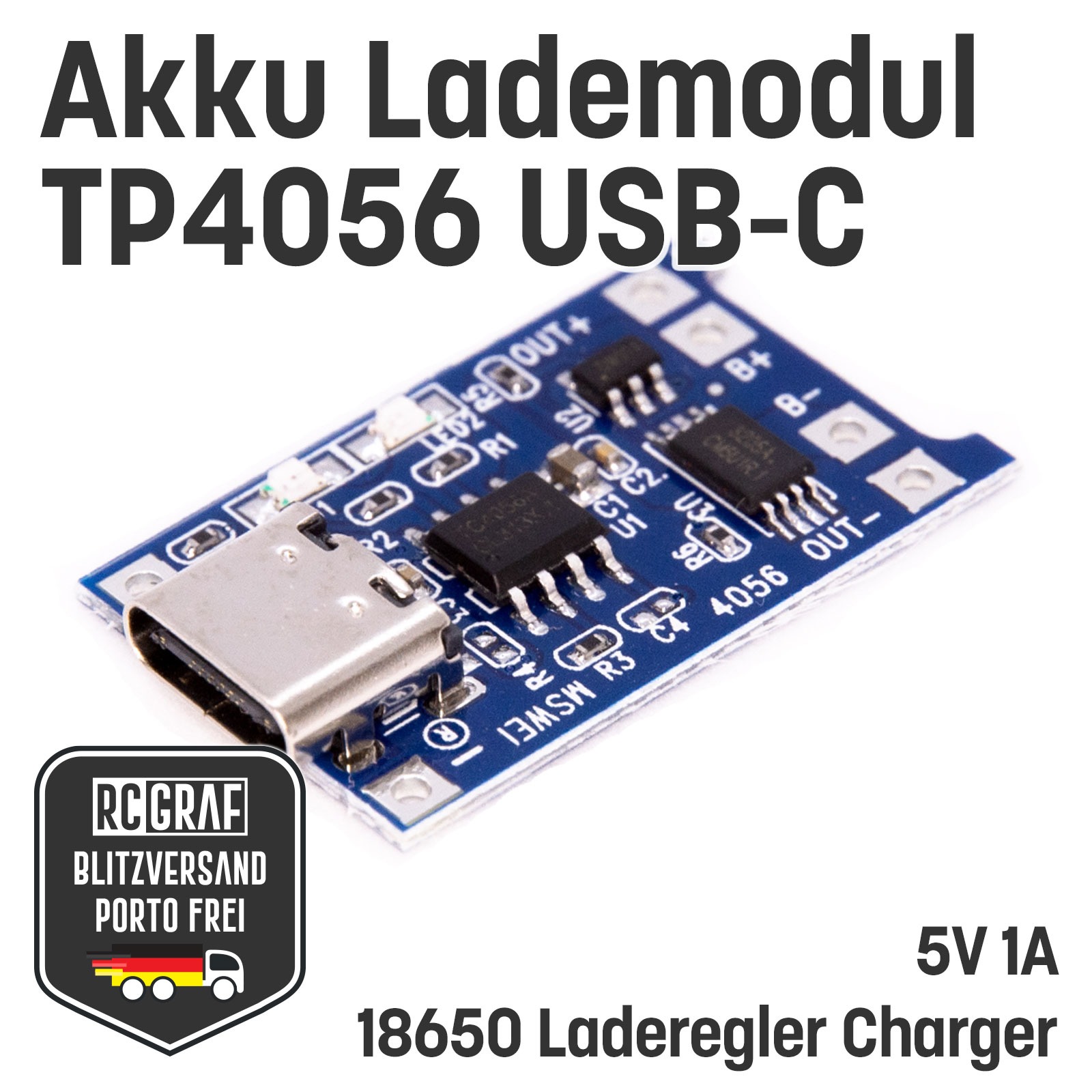 10x Akku Lademodul 5V 1A TP4056 USB C 18650 mit Schutzschaltung 2