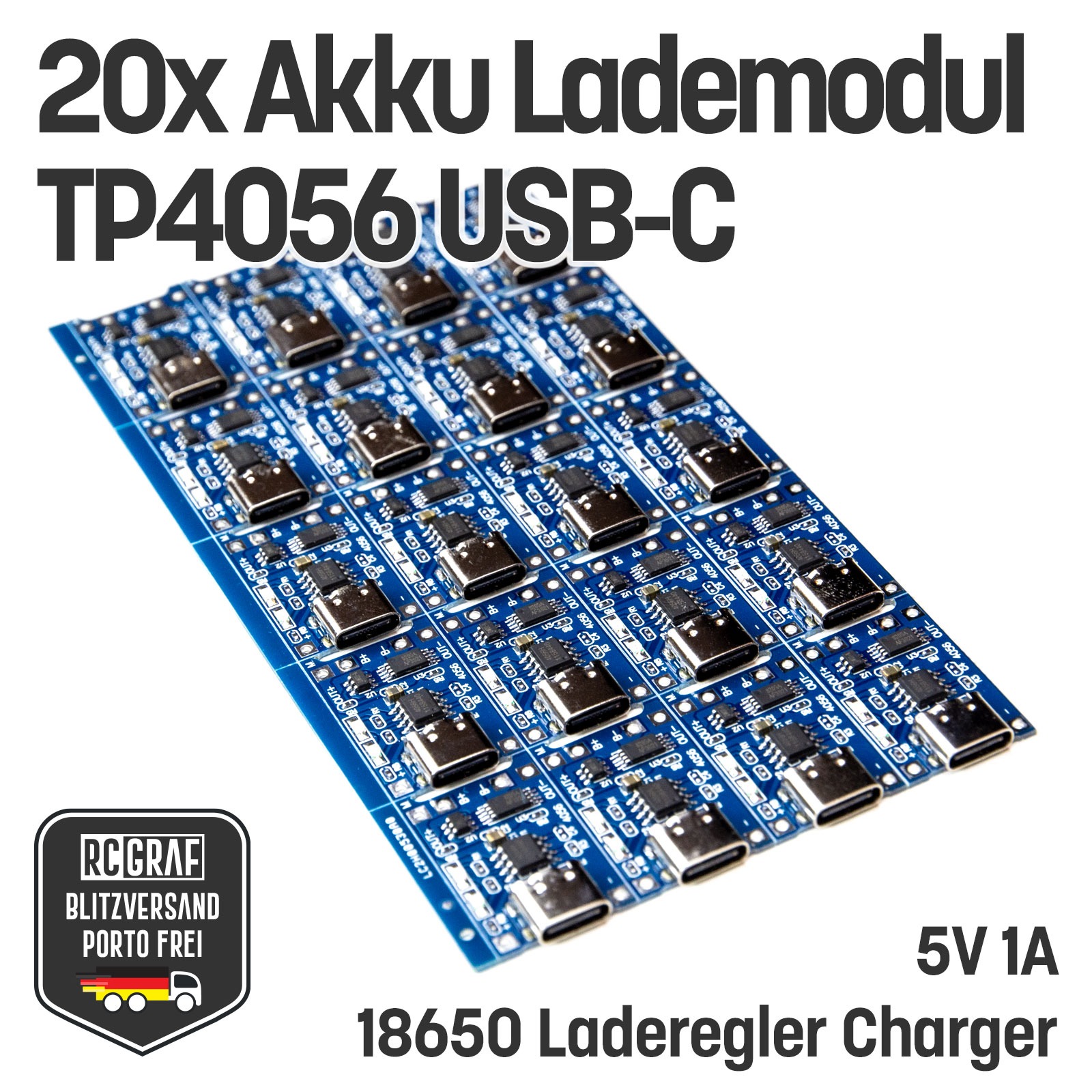 20x Akku Lademodul 5V 1A TP4056 USB C 18650 mit Schutzschaltung