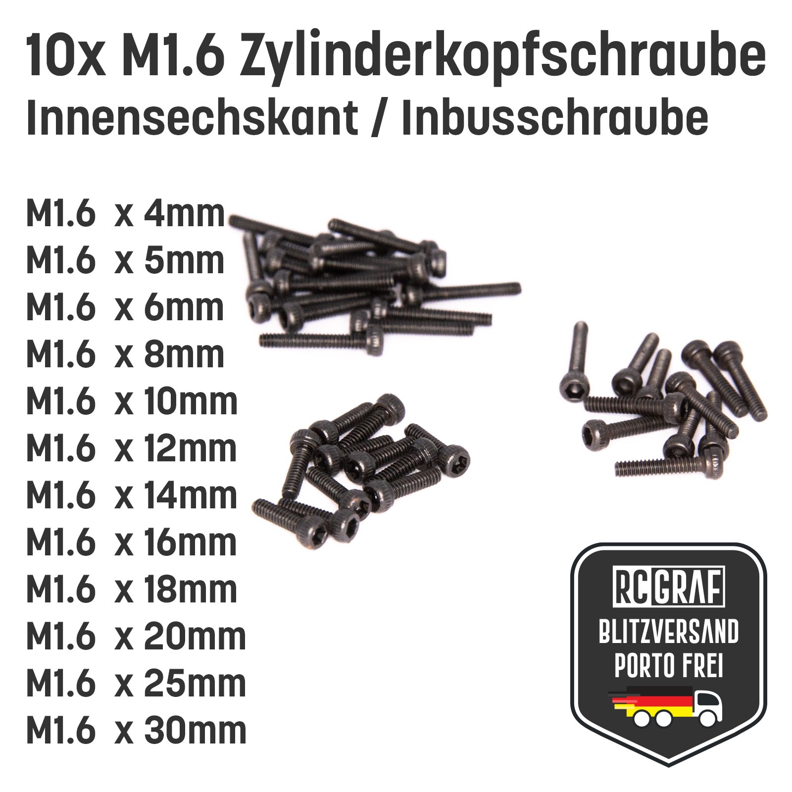 10 Stück M16x4mm Zylinderkopfschraube Schwarz Inbus