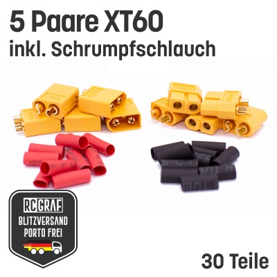 5 Paare XT60 inkl Schrumpfschlauch Premium Stecker und Buchse - Lipo Akku XT 60 RC