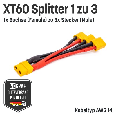 XT60 Adapter 1x Buchse zu 3x Stecker Y-Kabel Splitter - Akku 14 AWG Buchse Stecker Parallel Adapter
